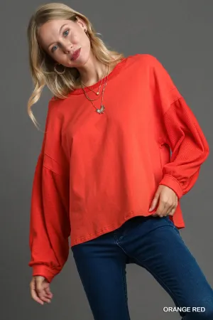 Olivia French Terry & Waffle Knit Top in Orange Red