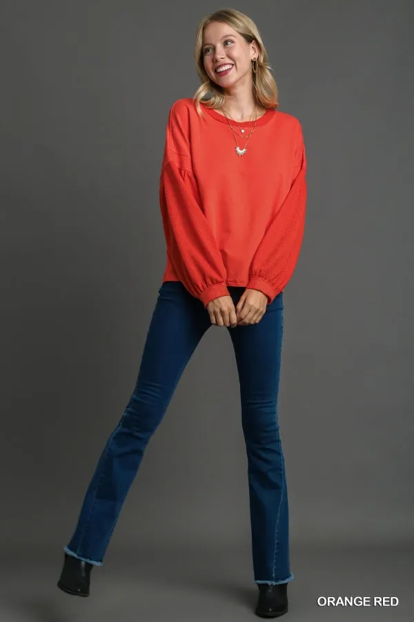 Olivia French Terry & Waffle Knit Top in Orange Red