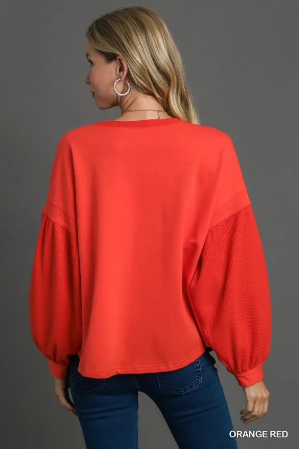 Olivia French Terry & Waffle Knit Top in Orange Red