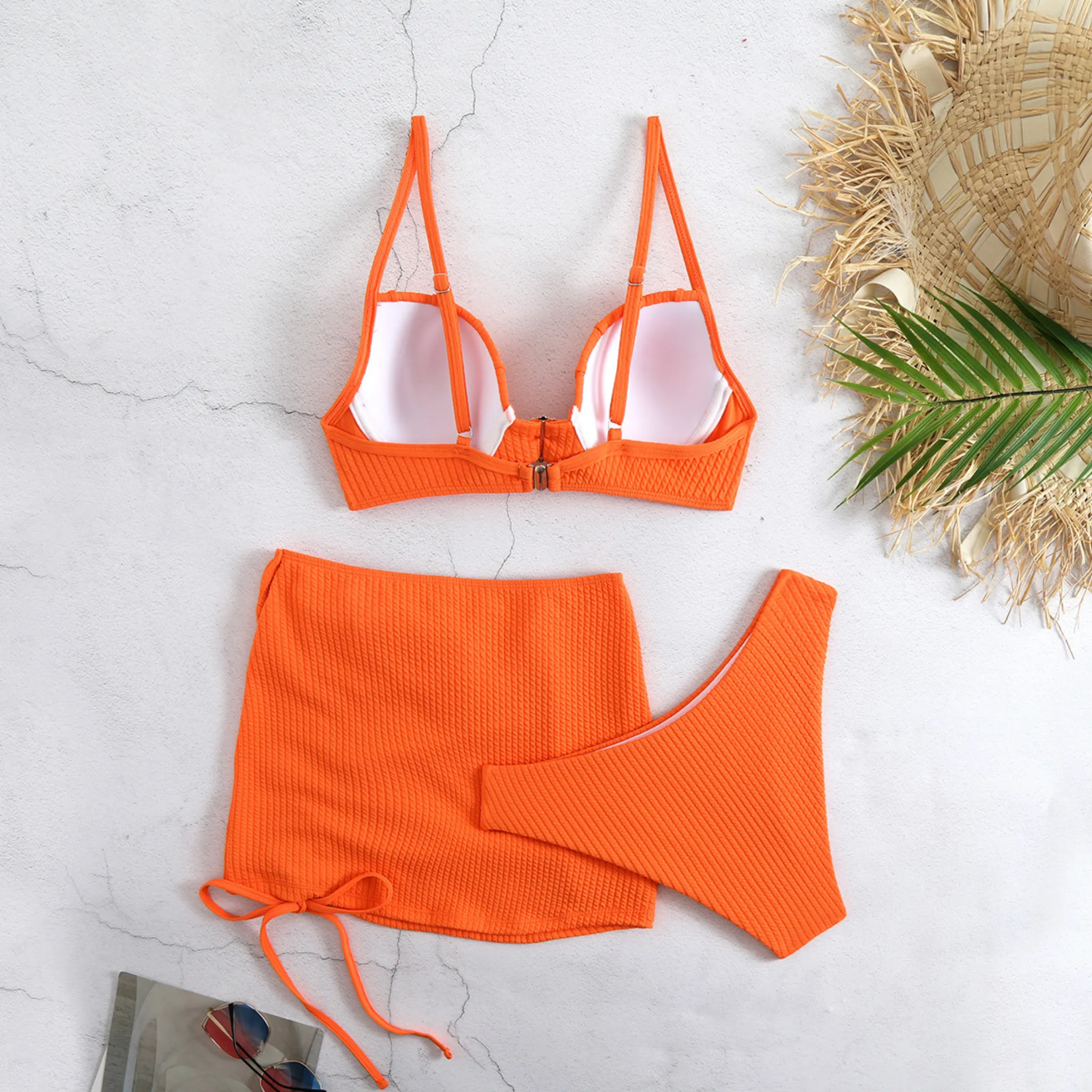 Orange Underwire Ribbed Three Pieces Bikini Set