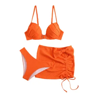 Orange Underwire Ribbed Three Pieces Bikini Set