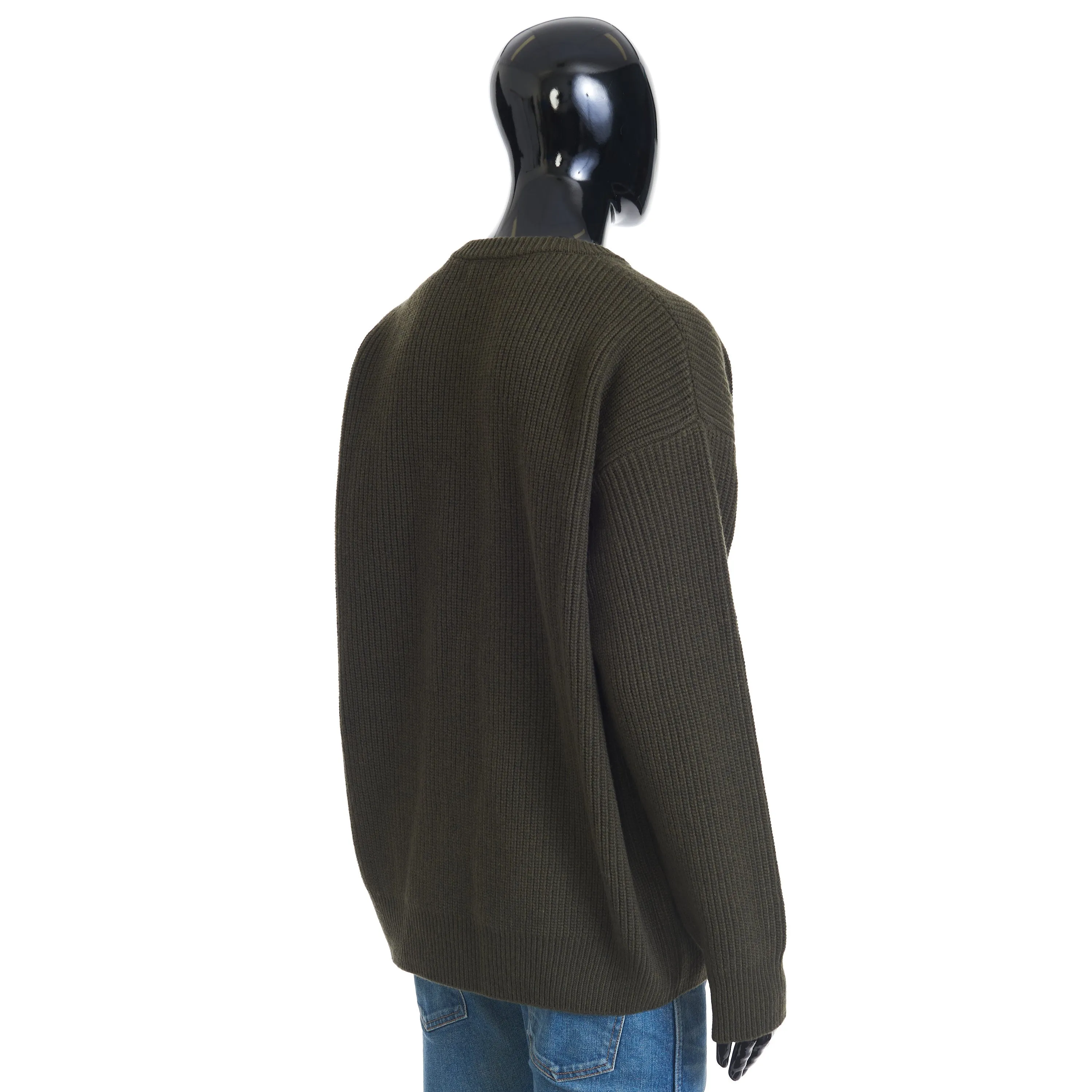Oversized Crewneck Sweater In Khaki Ribbed Wool with Celine Embroidery