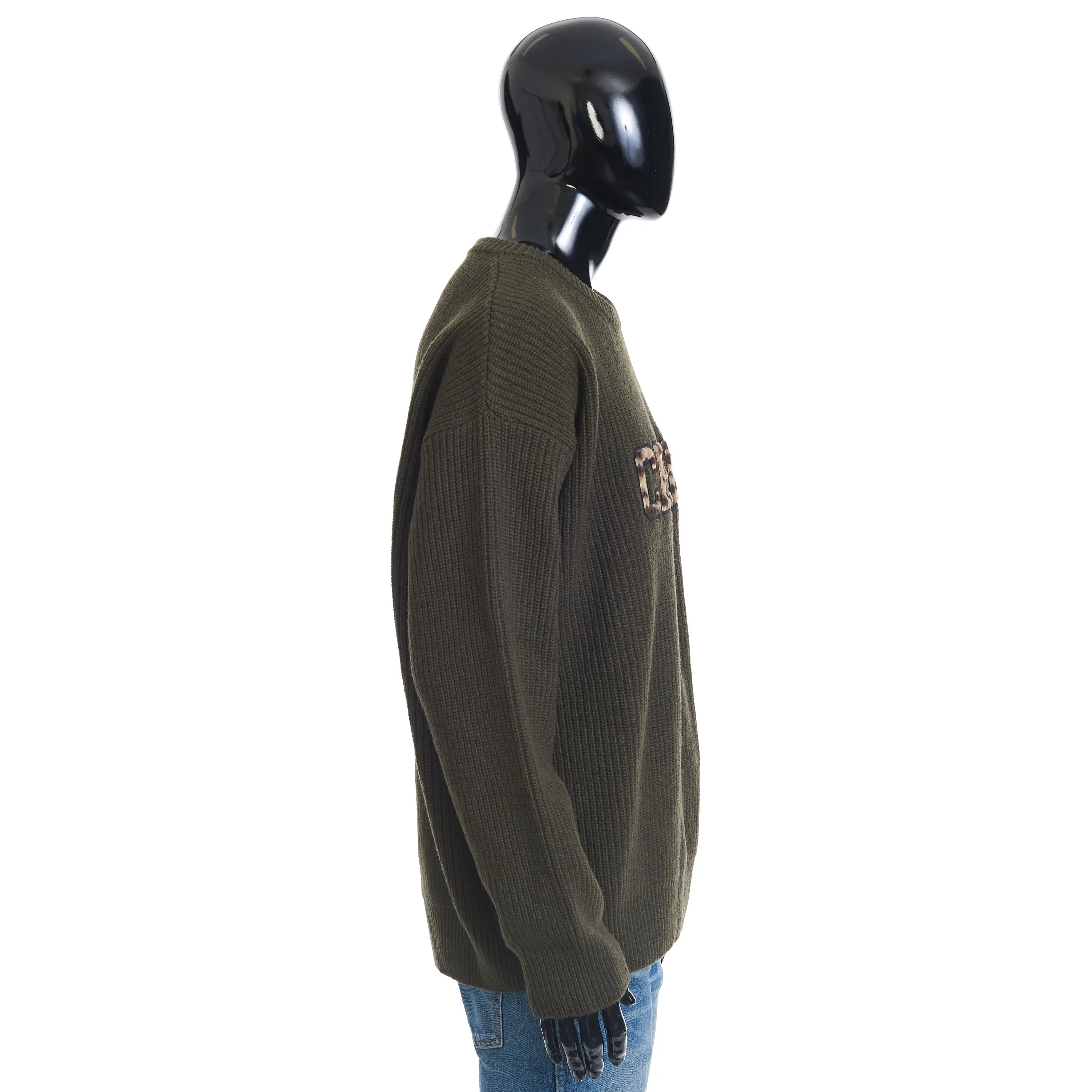 Oversized Crewneck Sweater In Khaki Ribbed Wool with Celine Embroidery