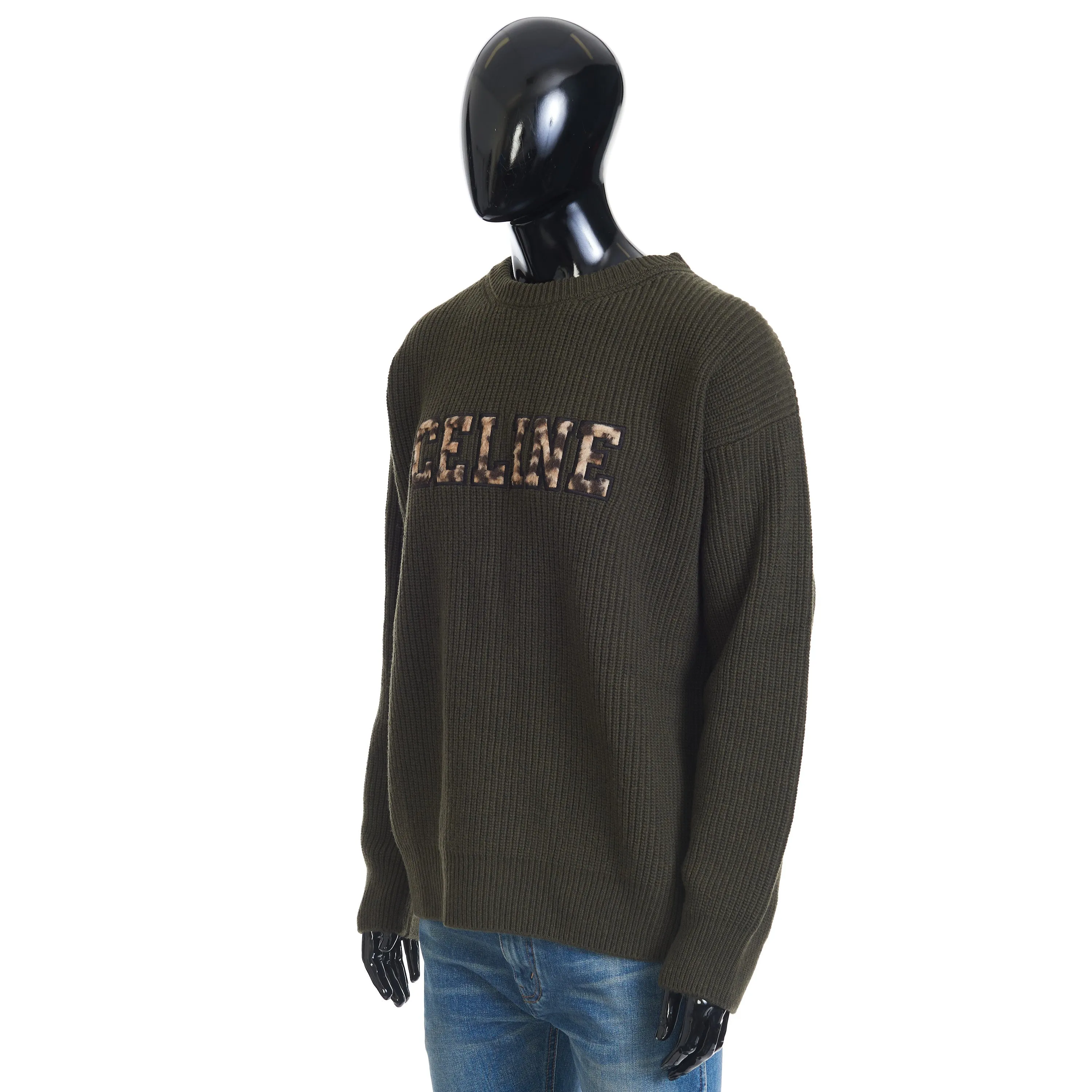 Oversized Crewneck Sweater In Khaki Ribbed Wool with Celine Embroidery