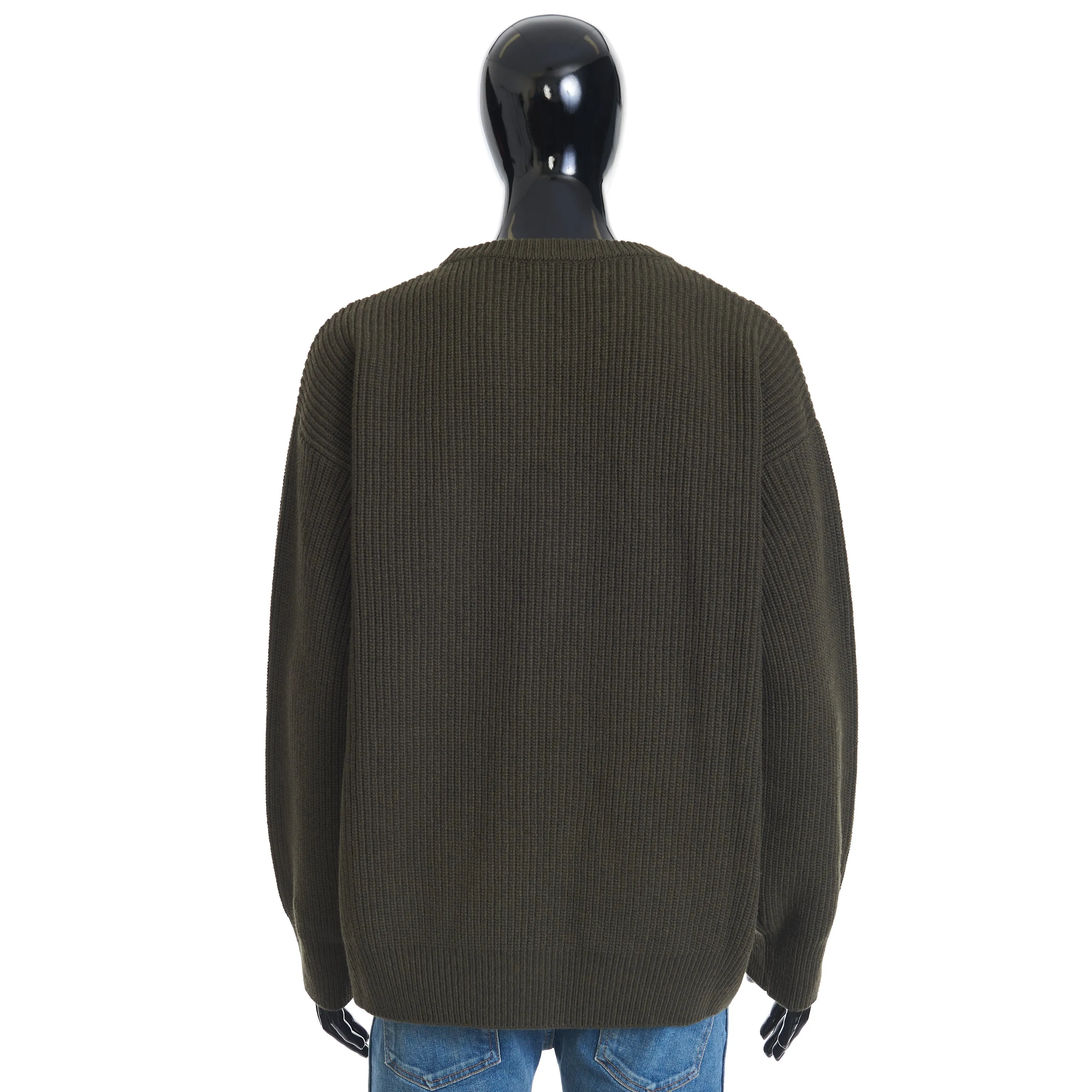 Oversized Crewneck Sweater In Khaki Ribbed Wool with Celine Embroidery