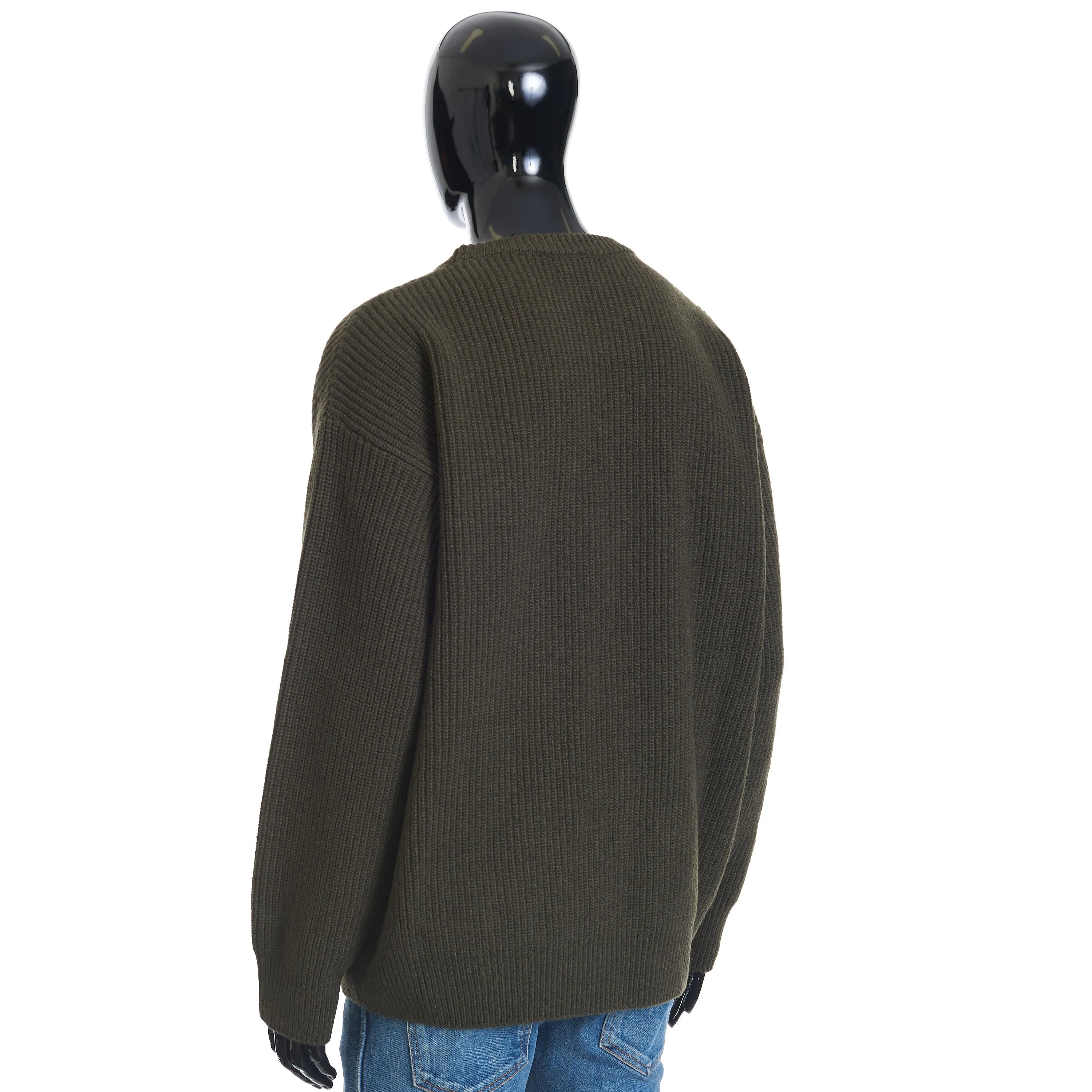 Oversized Crewneck Sweater In Khaki Ribbed Wool with Celine Embroidery