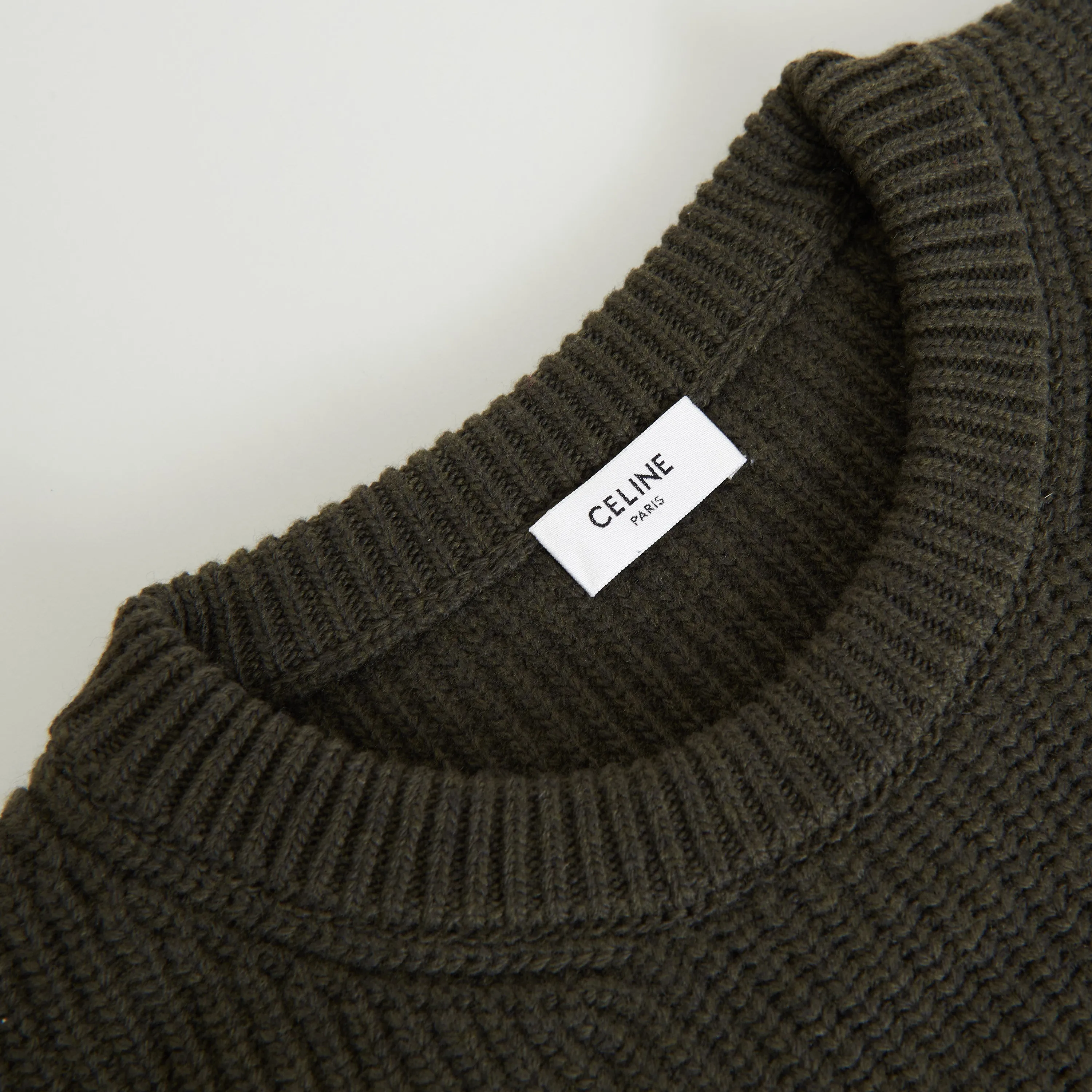 Oversized Crewneck Sweater In Khaki Ribbed Wool with Celine Embroidery