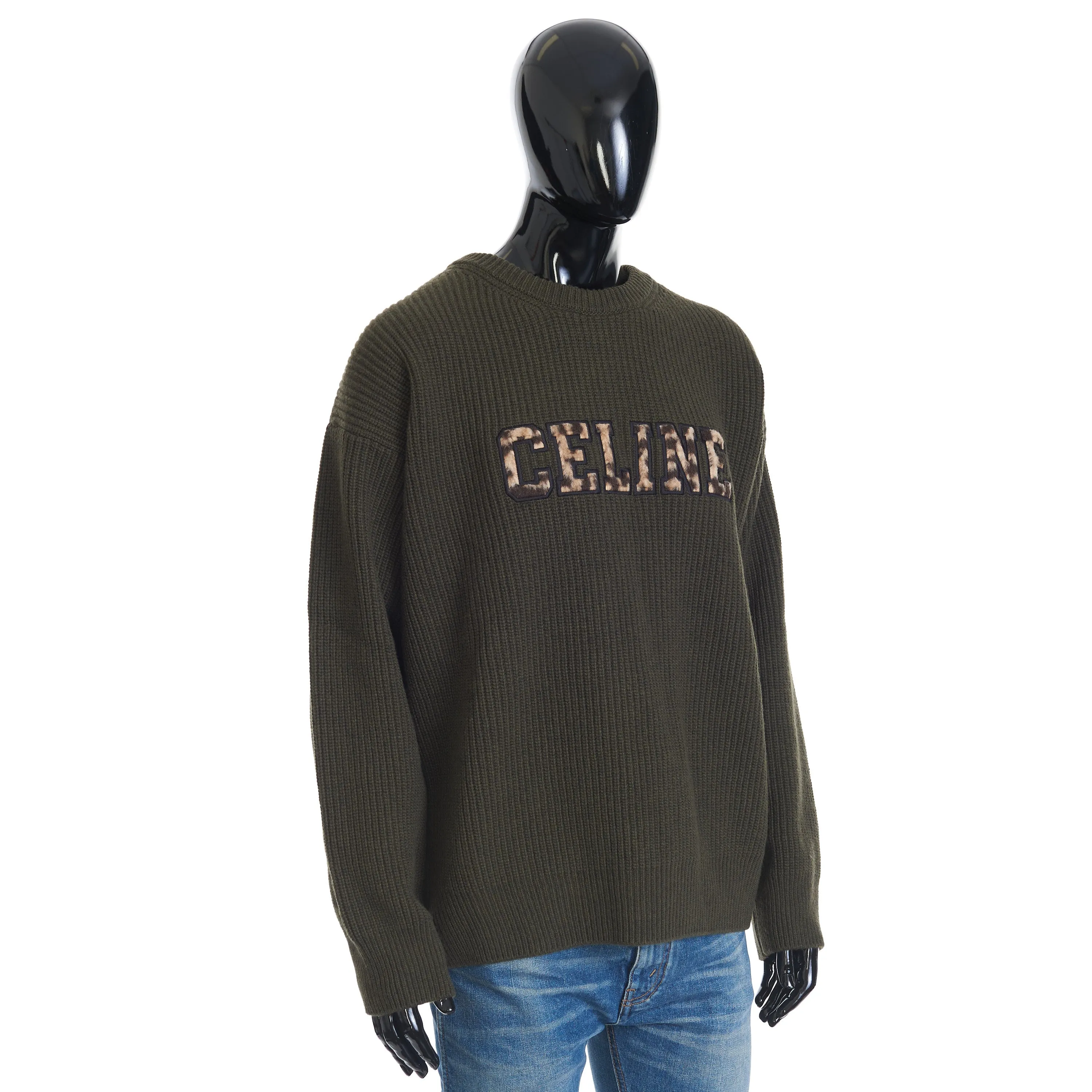 Oversized Crewneck Sweater In Khaki Ribbed Wool with Celine Embroidery