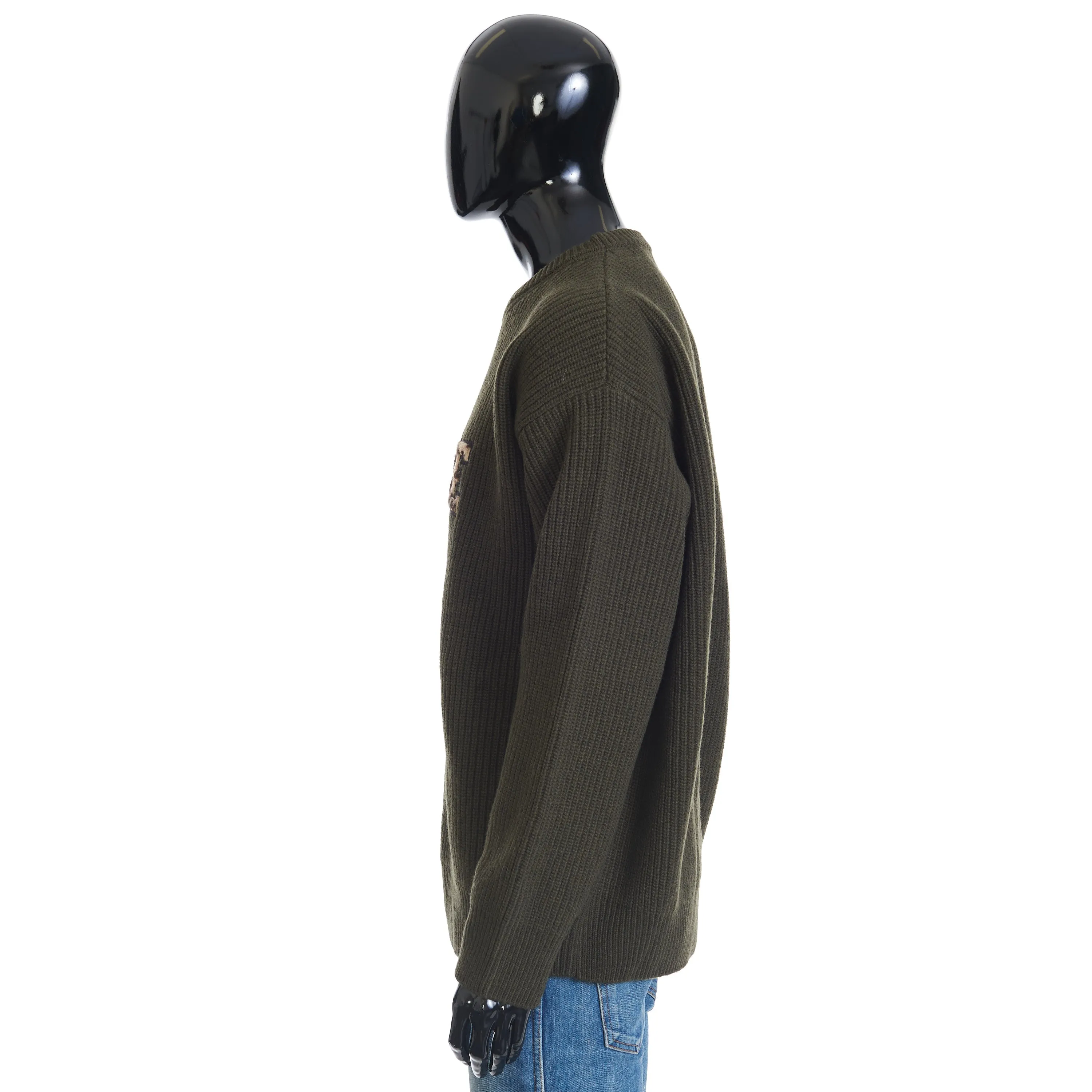 Oversized Crewneck Sweater In Khaki Ribbed Wool with Celine Embroidery