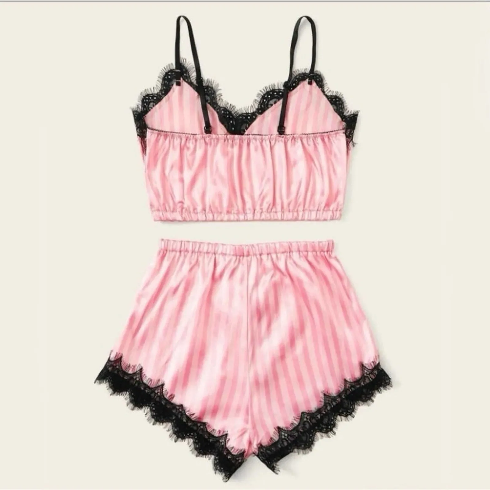 Panacheprose Chic Noir Elegance: Black Lace & Pink Silk Lingerie Pajama Shorts Set - Size M