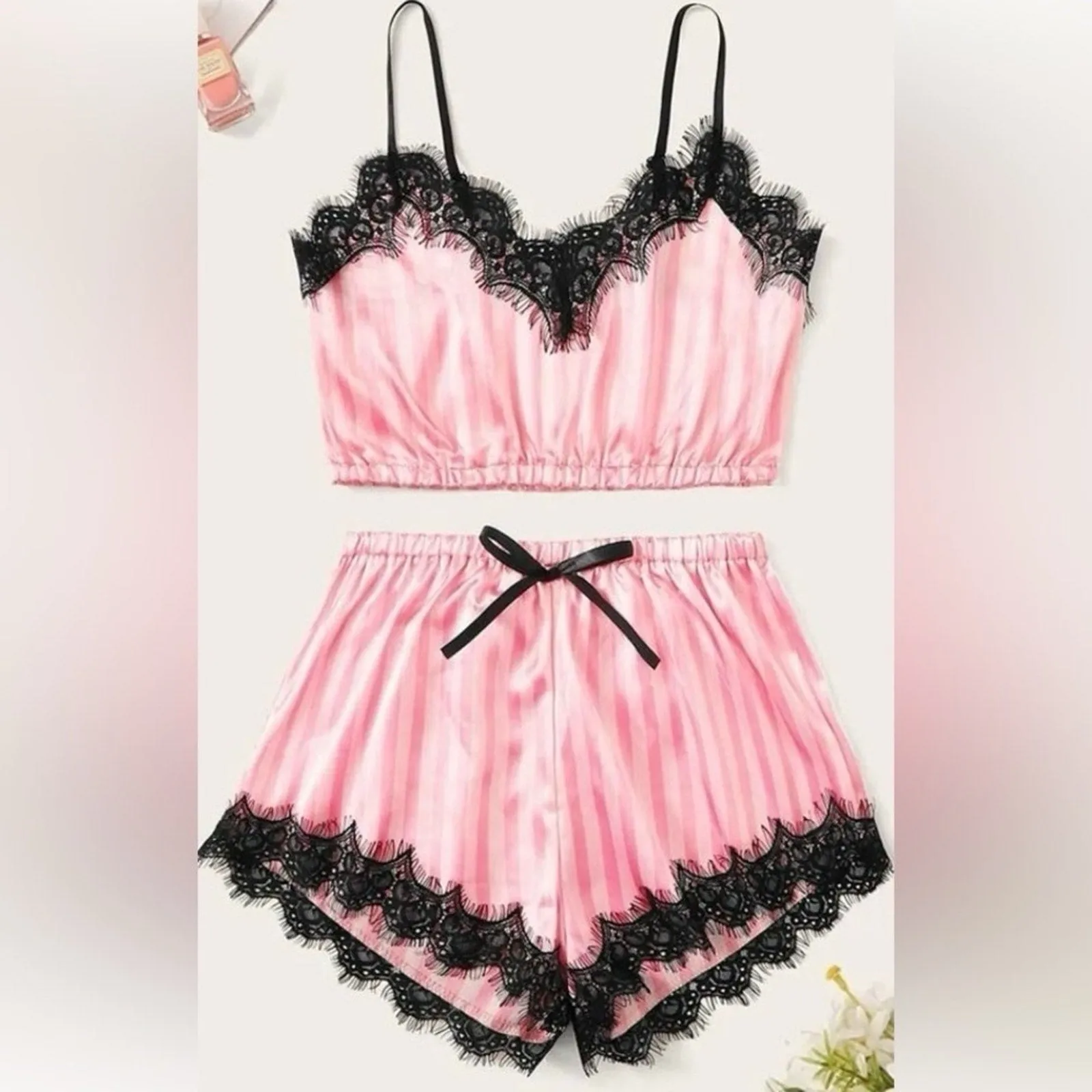 Panacheprose Chic Noir Elegance: Black Lace & Pink Silk Lingerie Pajama Shorts Set - Size M
