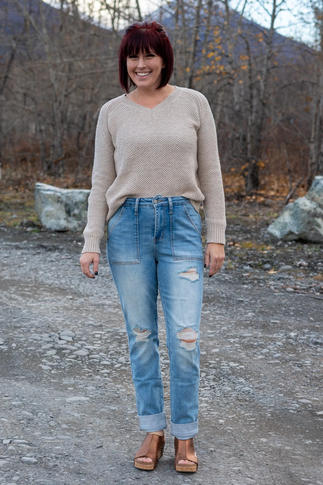 Patch Things Up High Rise Distressed Boyfriend Jeans