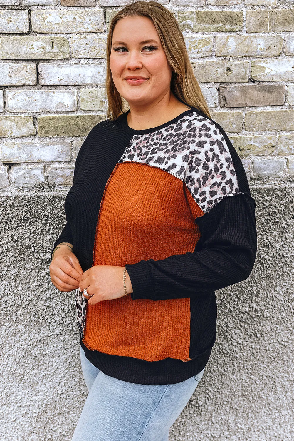 Patchwork Waffle Knit Plus Size Top