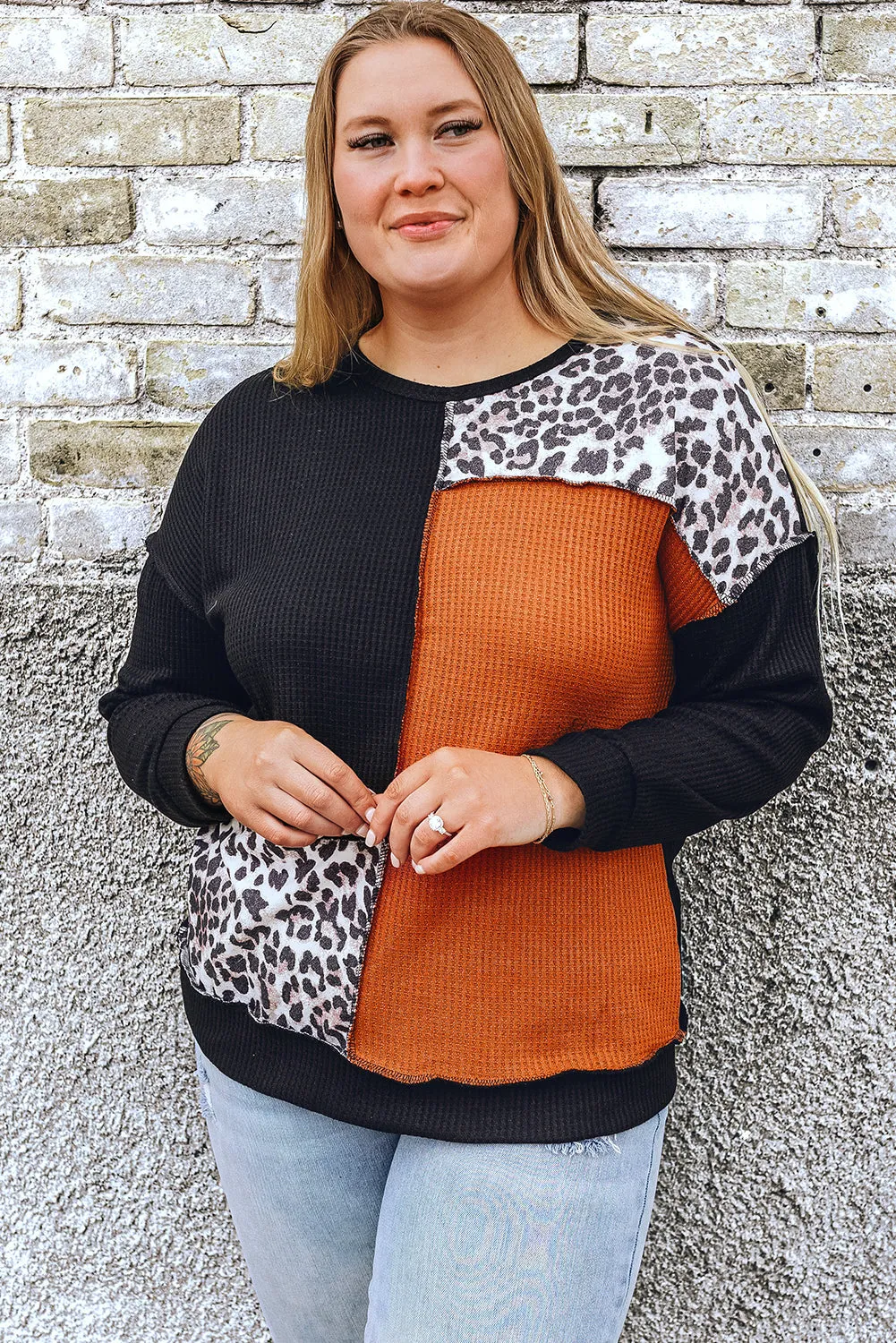 Patchwork Waffle Knit Plus Size Top