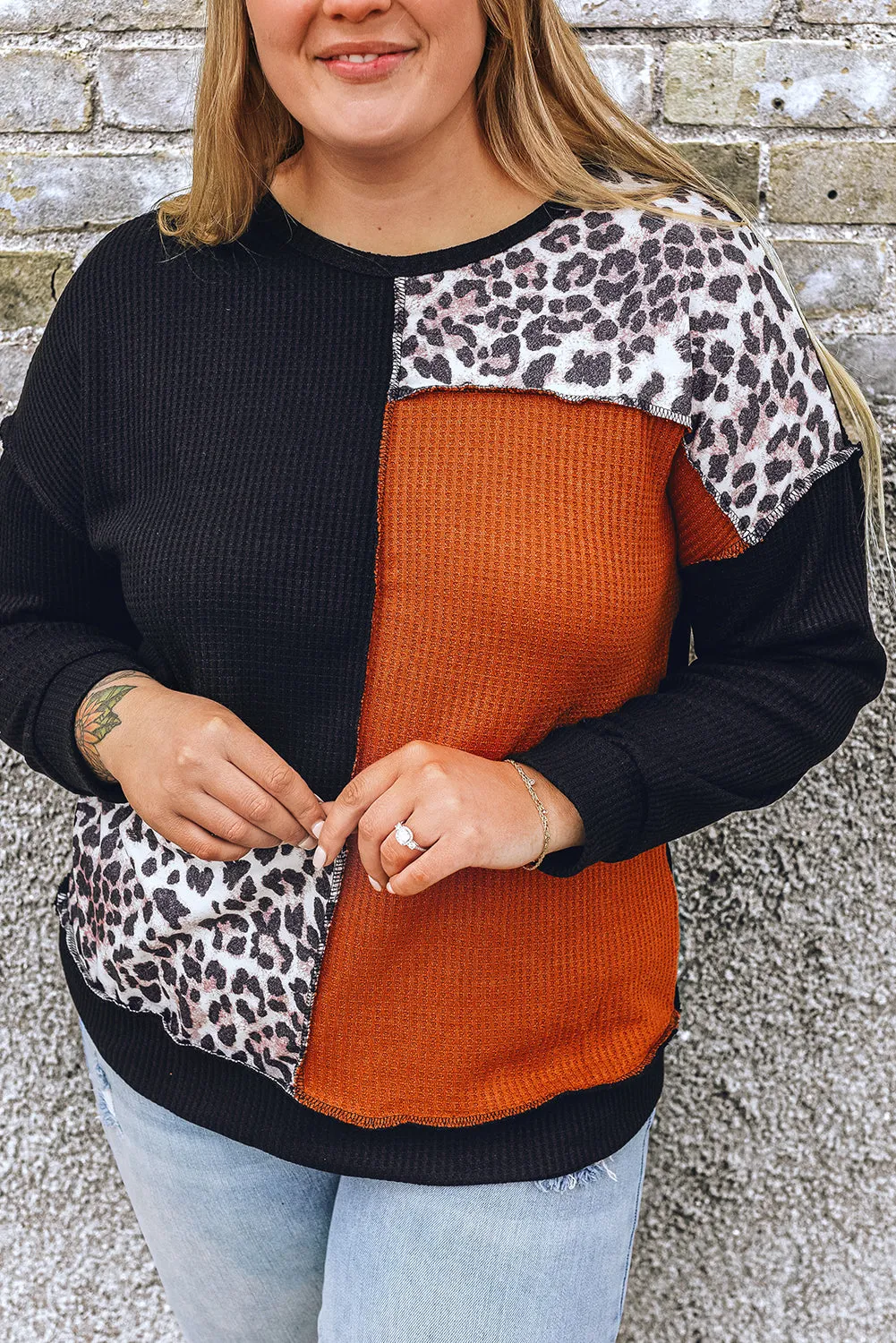 Patchwork Waffle Knit Plus Size Top