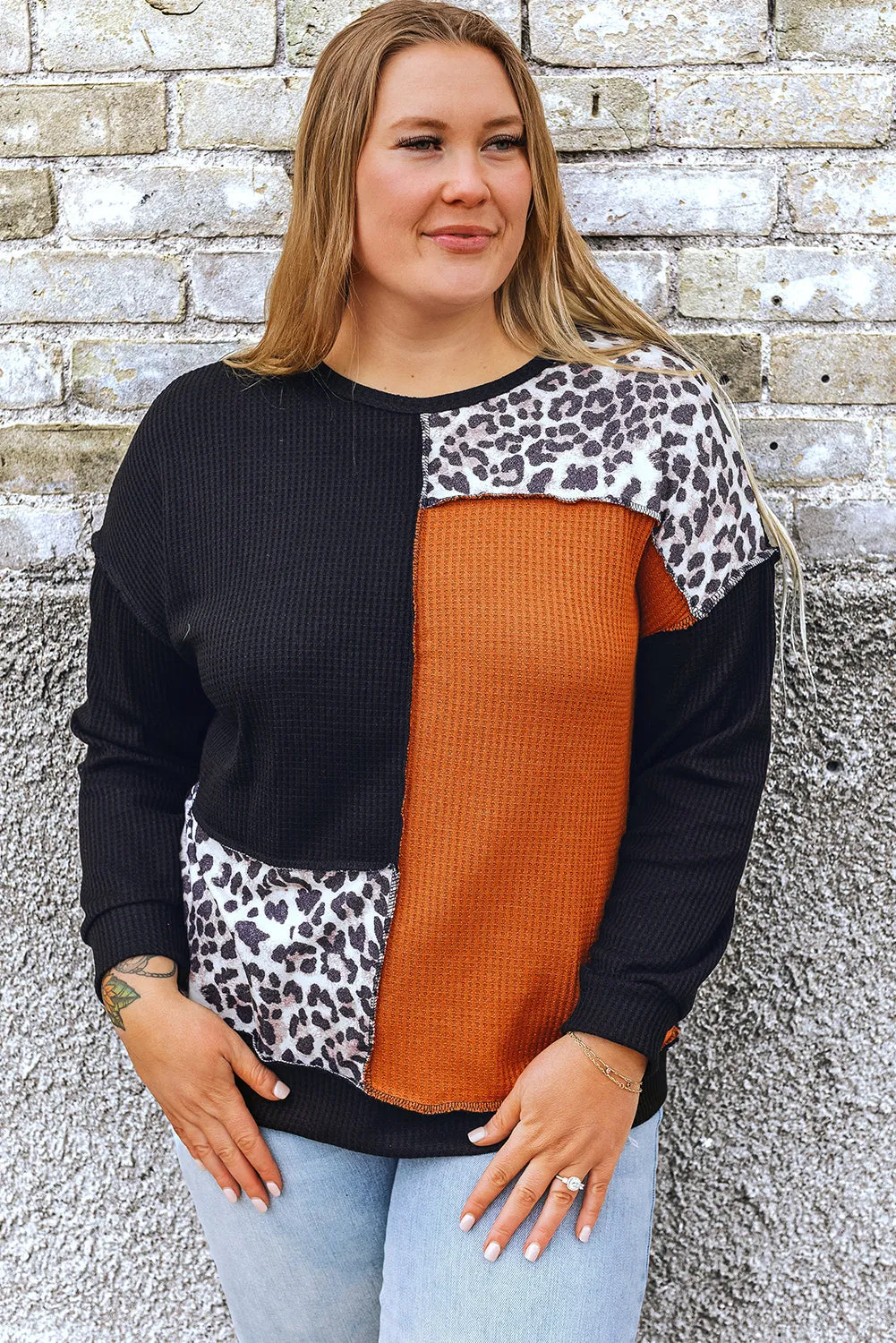 Patchwork Waffle Knit Plus Size Top
