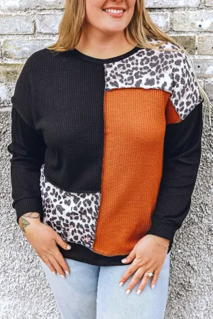 Patchwork Waffle Knit Plus Size Top