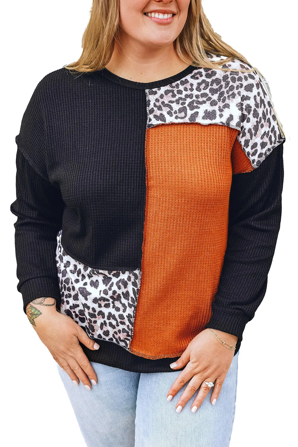 Patchwork Waffle Knit Plus Size Top