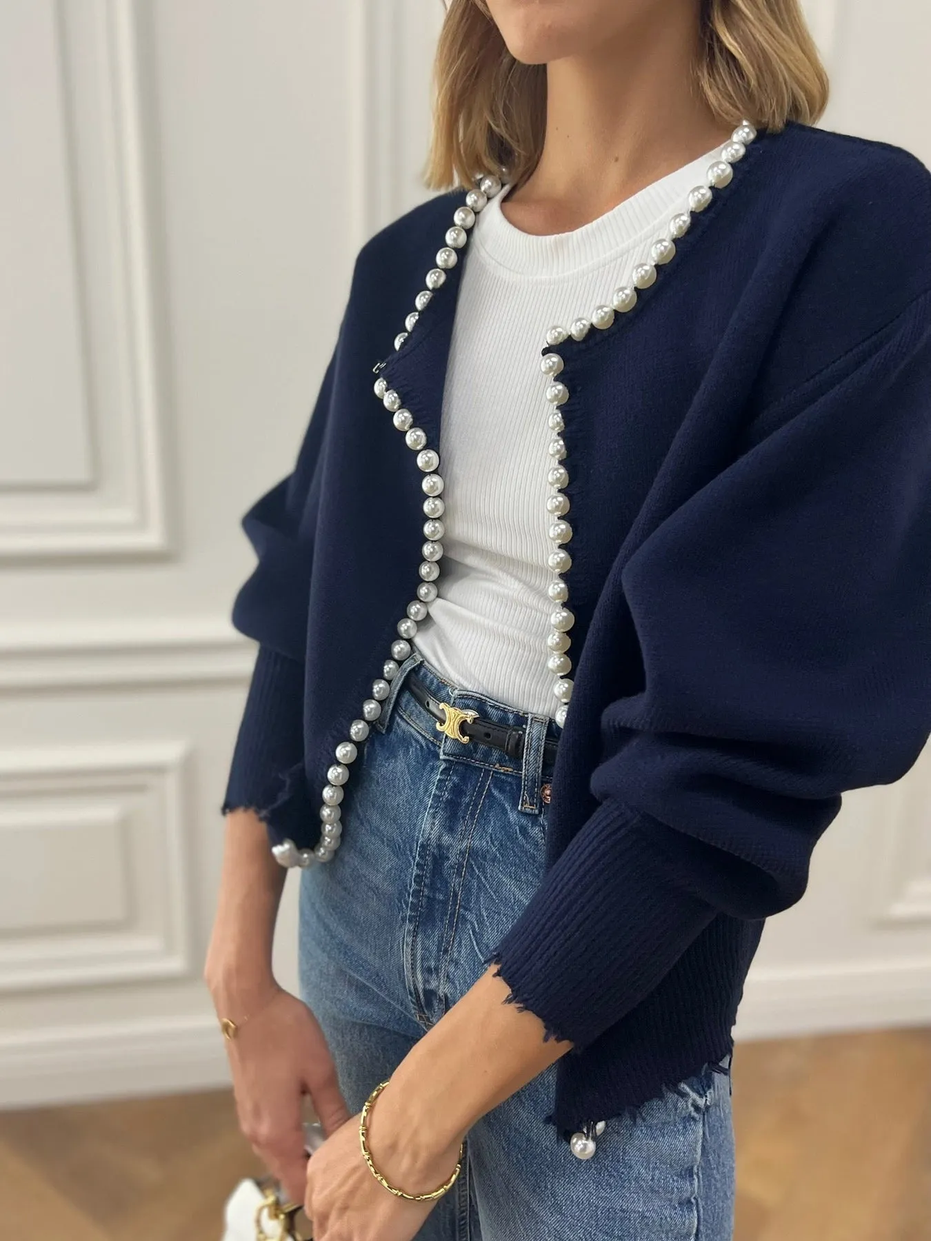 Pearl Trim | Torn Hem Cardigan Sweater Ladies