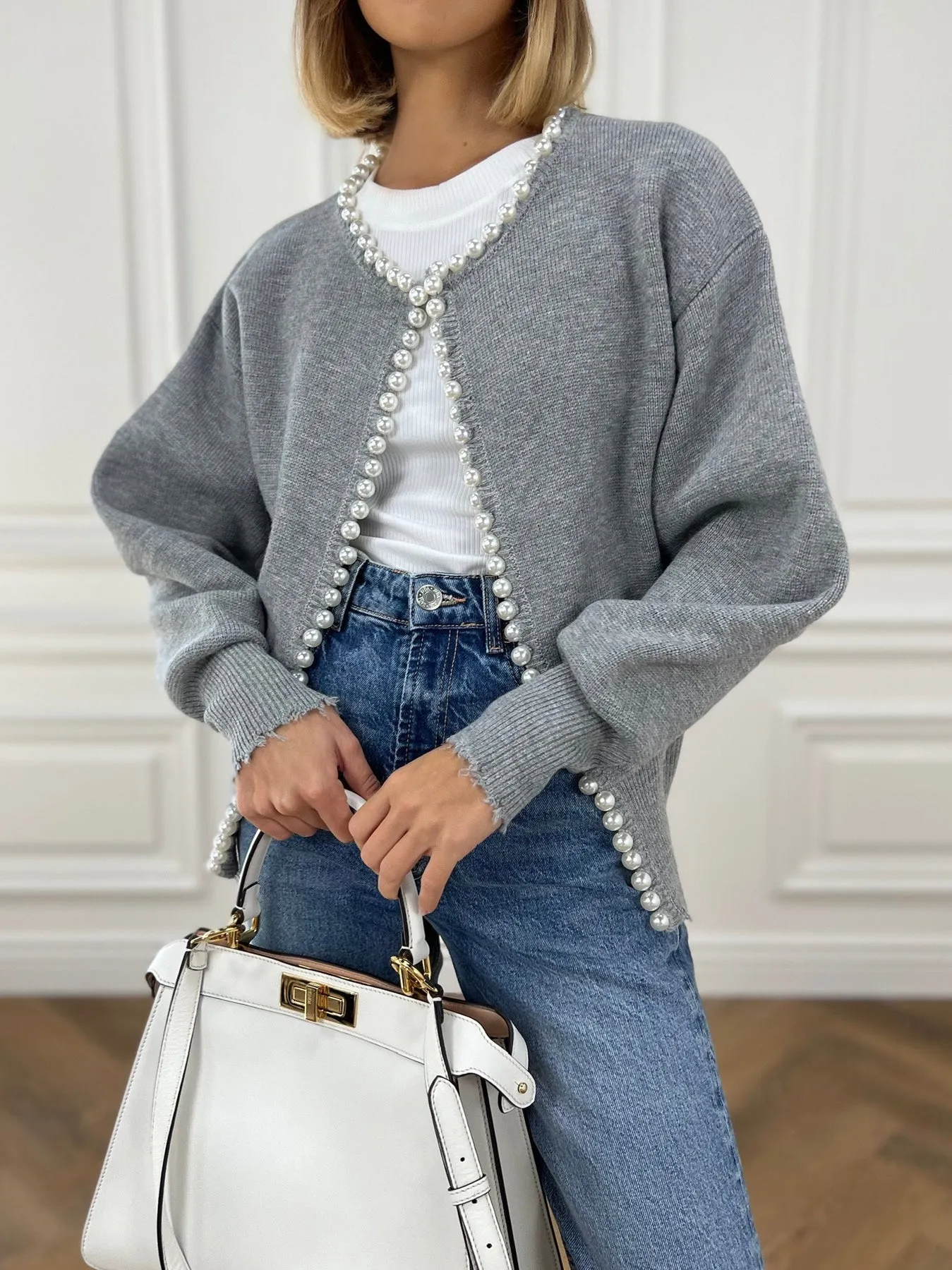 Pearl Trim | Torn Hem Cardigan Sweater Ladies