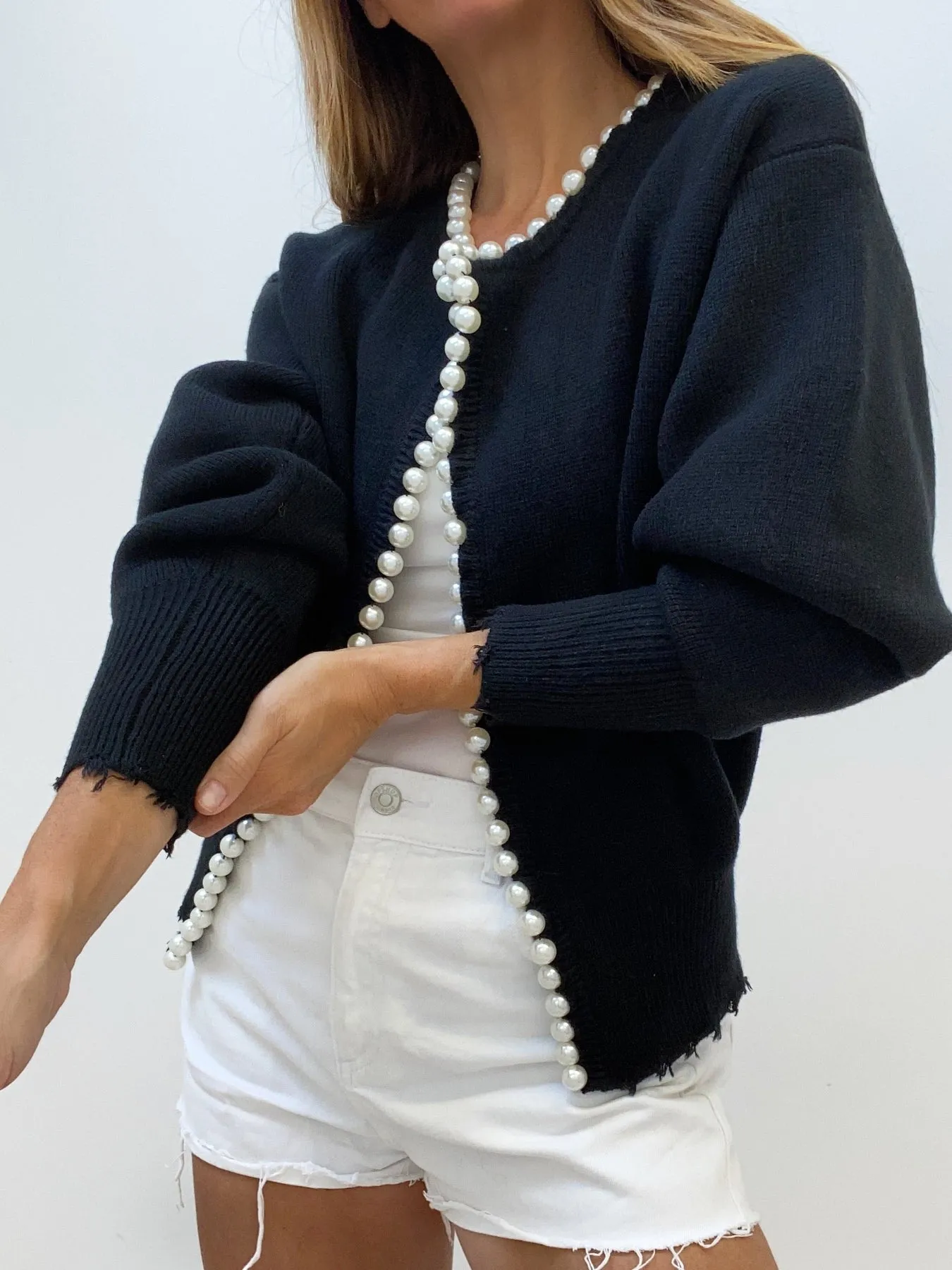 Pearl Trim | Torn Hem Cardigan Sweater Ladies