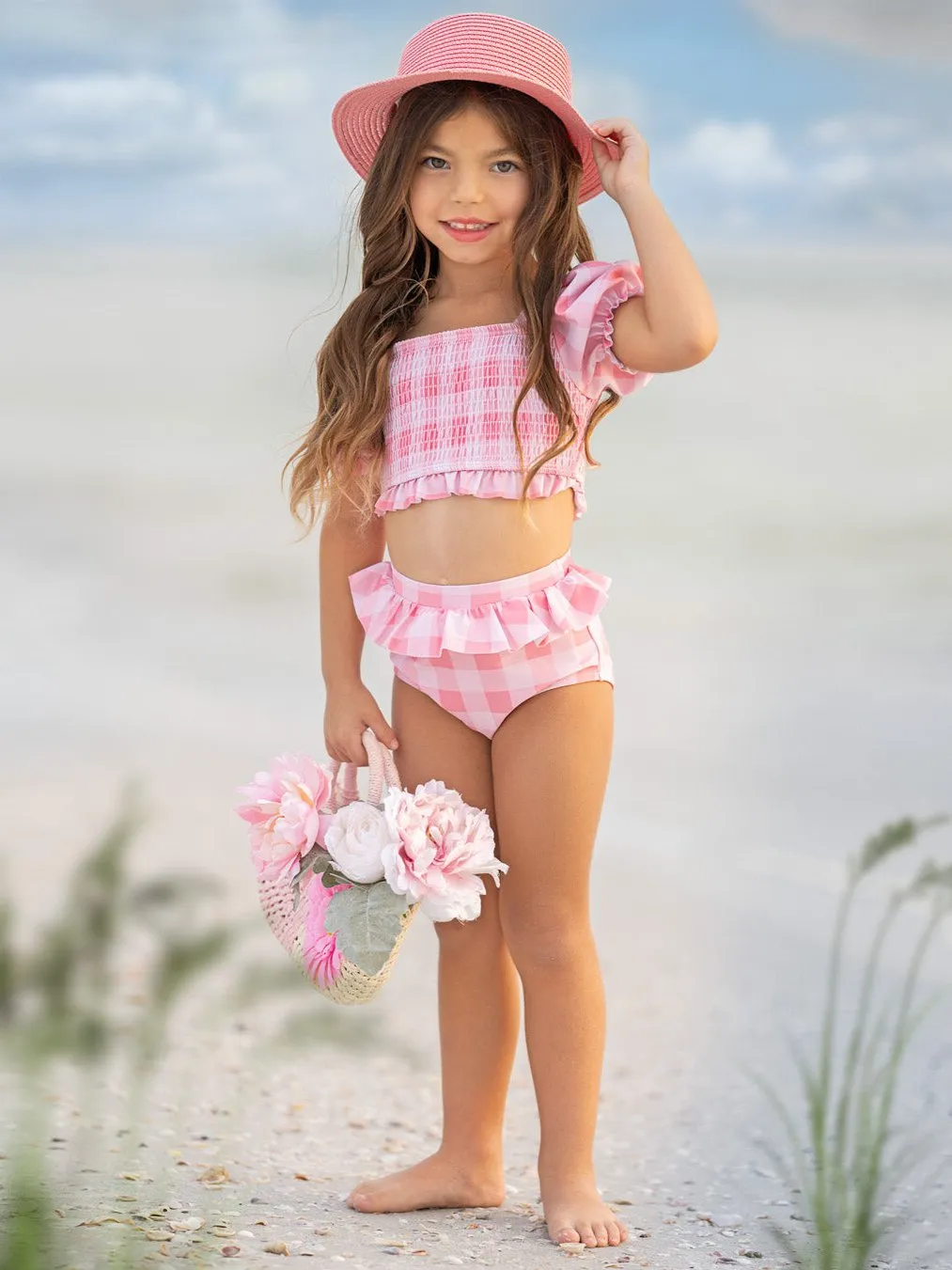 Perfect Pink Gingham Puff Sleeve Two Piece Swimsuit