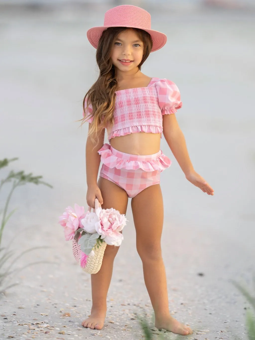 Perfect Pink Gingham Puff Sleeve Two Piece Swimsuit
