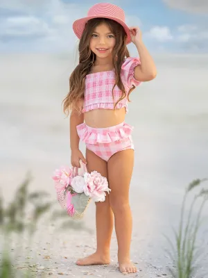 Perfect Pink Gingham Puff Sleeve Two Piece Swimsuit