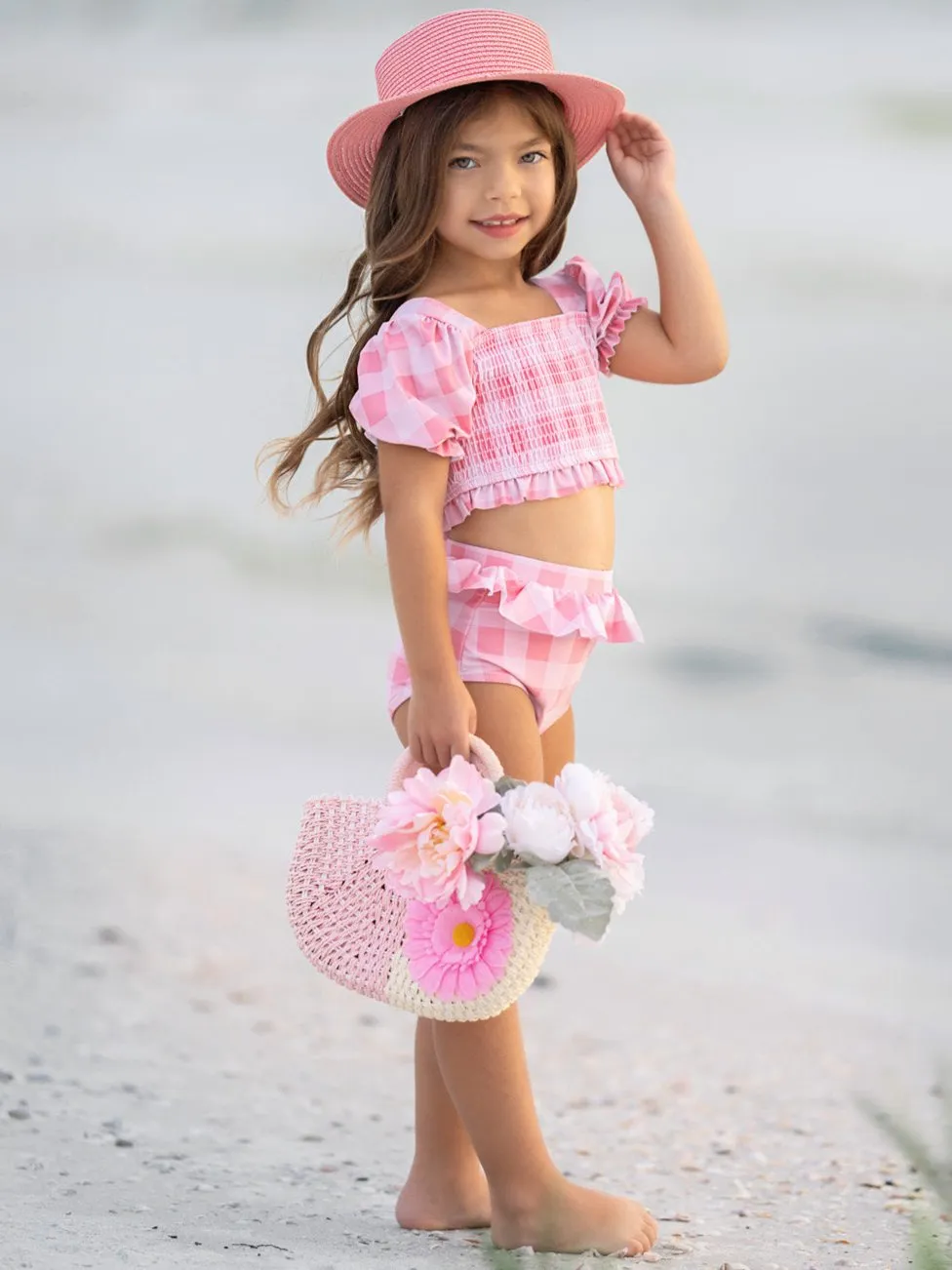 Perfect Pink Gingham Puff Sleeve Two Piece Swimsuit