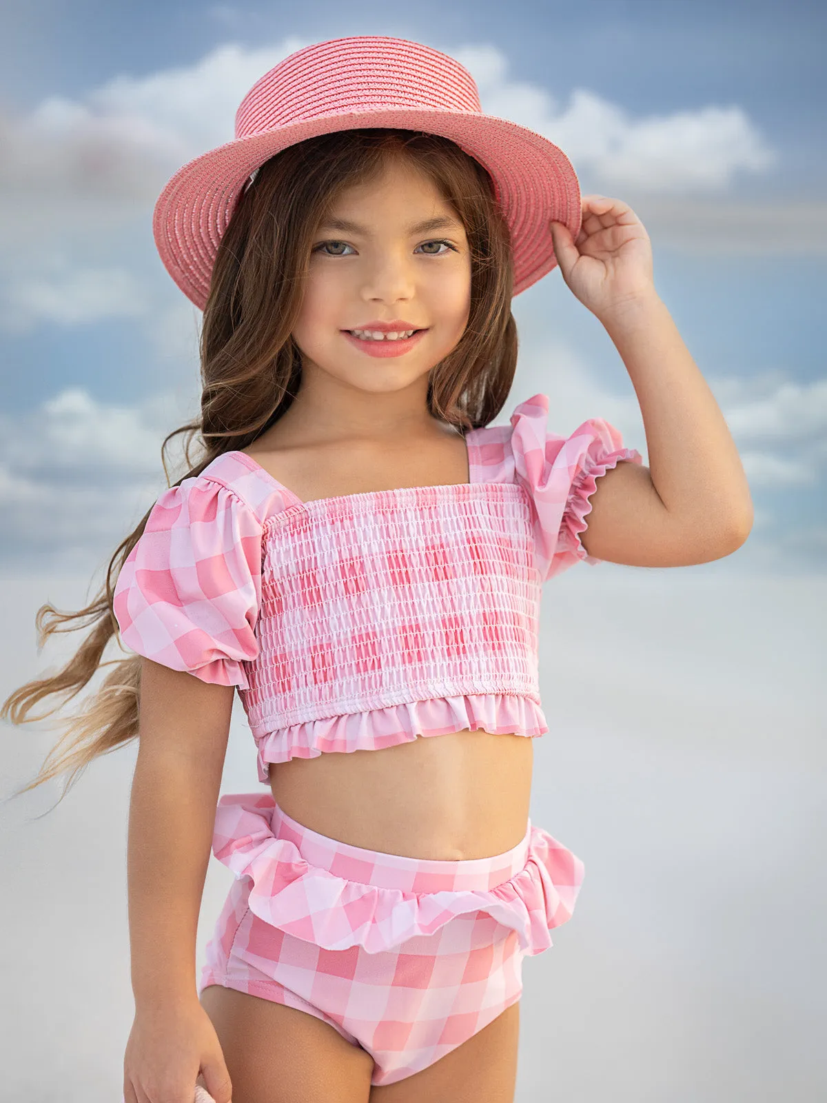 Perfect Pink Gingham Puff Sleeve Two Piece Swimsuit