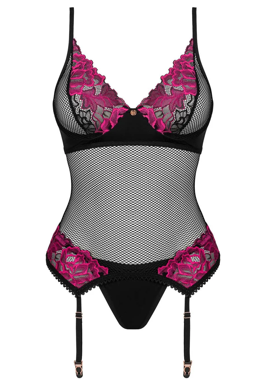 Pink & Black Fishnet Lace Bustier Lingerie Set