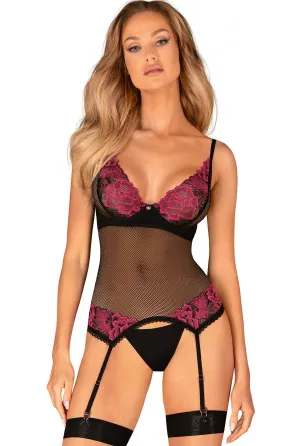 Pink & Black Fishnet Lace Bustier Lingerie Set