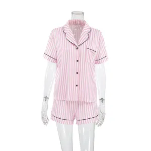 Pink and White Stripe Black Trim Pajama Set