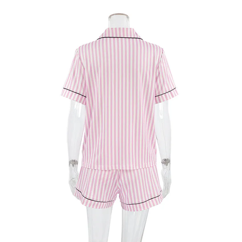 Pink and White Stripe Black Trim Pajama Set