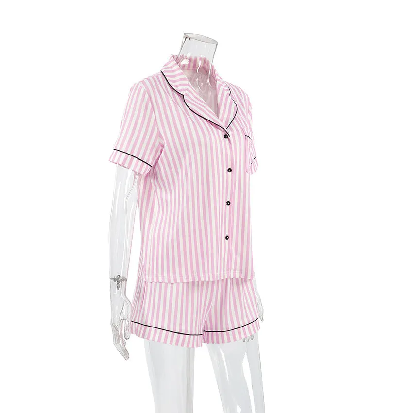 Pink and White Stripe Black Trim Pajama Set