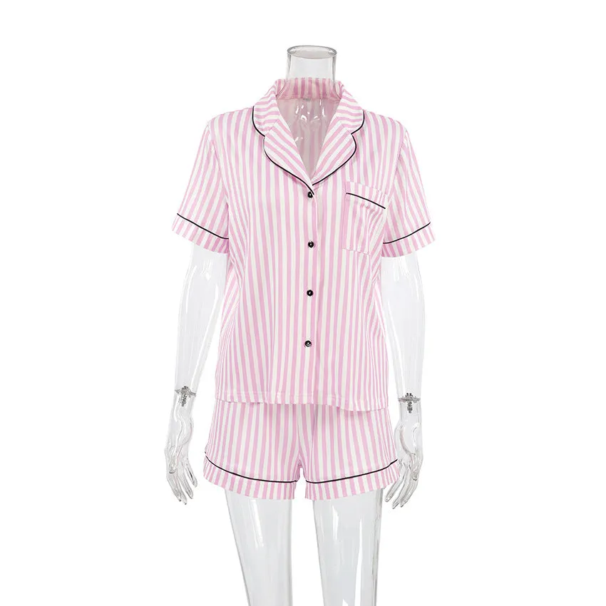 Pink and White Stripe Black Trim Pajama Set