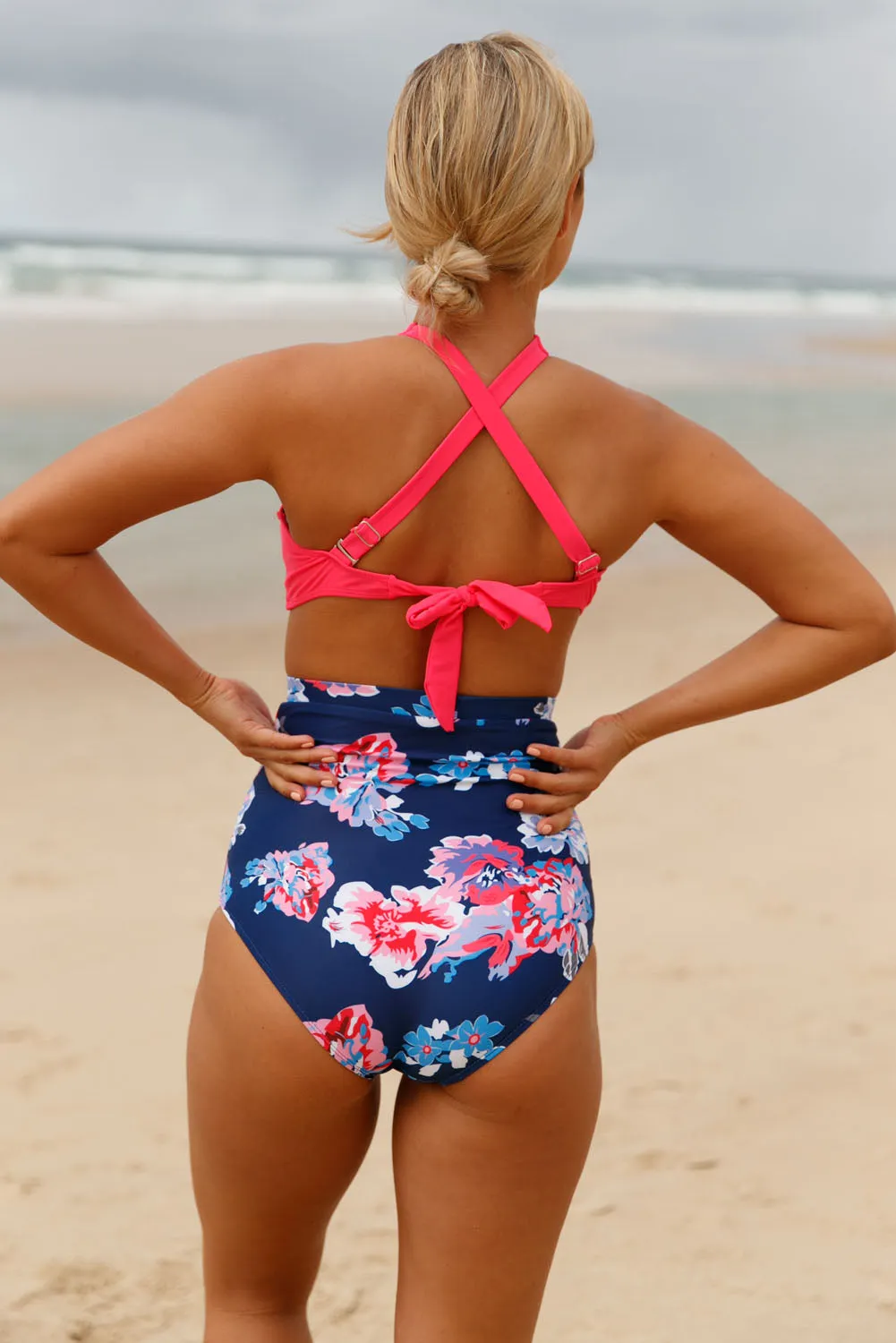 Pink Cross Front Bikini Vintage Floral High Waist Swimsuit