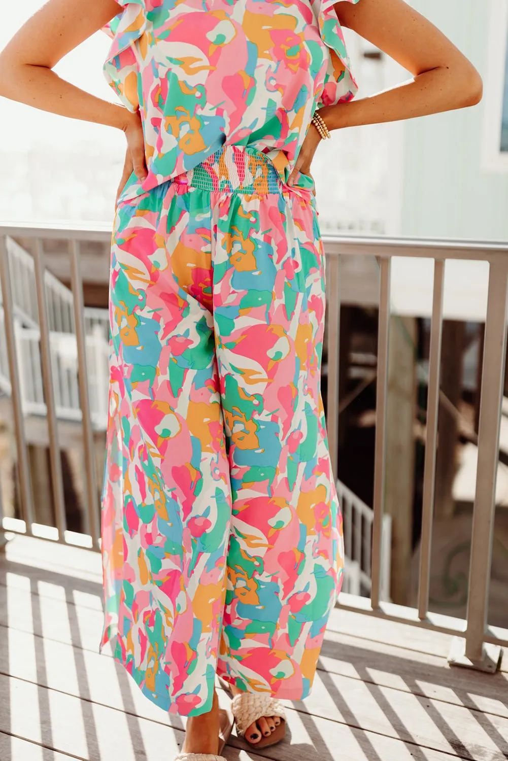 Pink Floral Ruffled Sleeve Top Smocked Wide Leg Pants Set