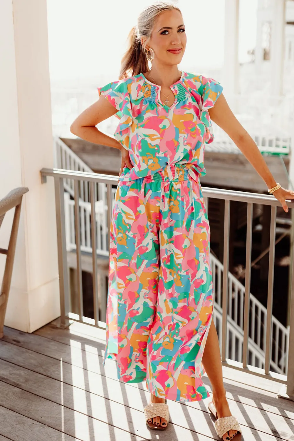 Pink Floral Ruffled Sleeve Top Smocked Wide Leg Pants Set