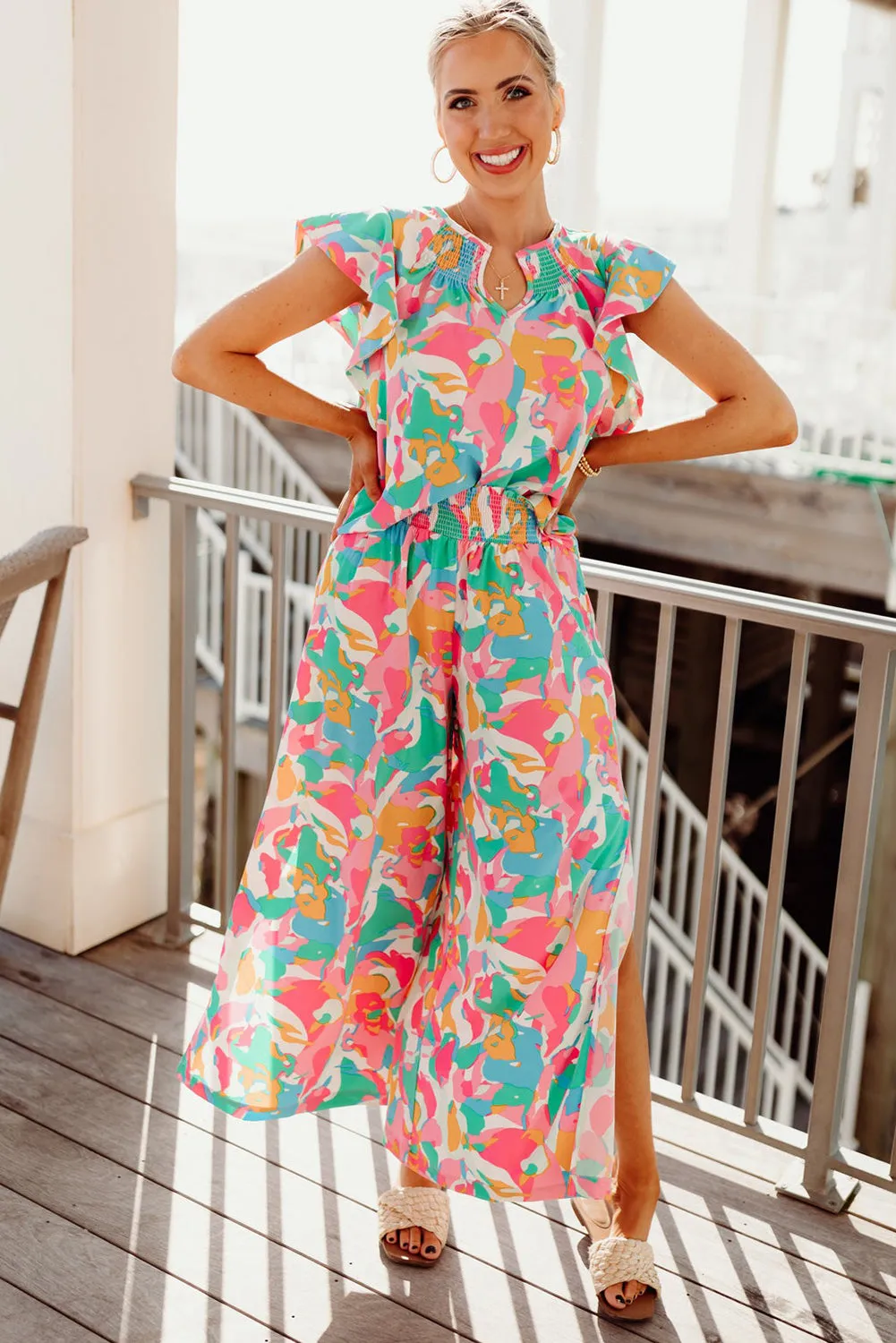 Pink Floral Ruffled Sleeve Top Smocked Wide Leg Pants Set