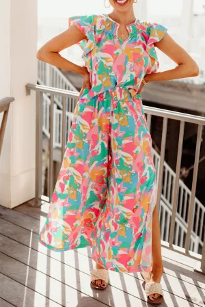 Pink Floral Ruffled Sleeve Top Smocked Wide Leg Pants Set