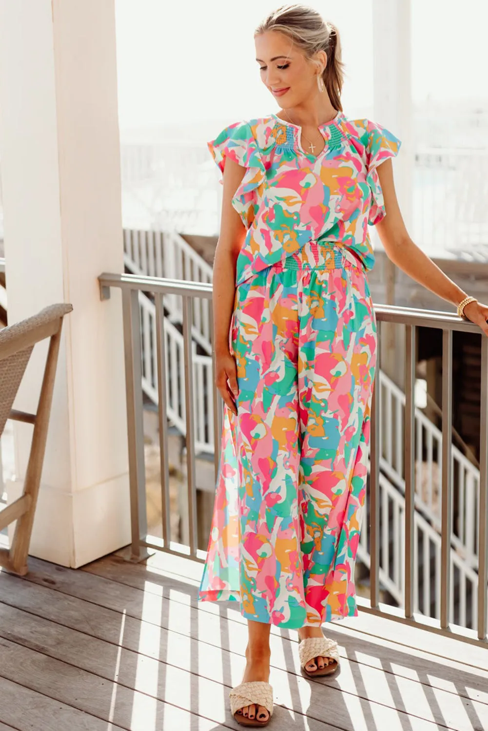 Pink Floral Ruffled Sleeve Top Smocked Wide Leg Pants Set