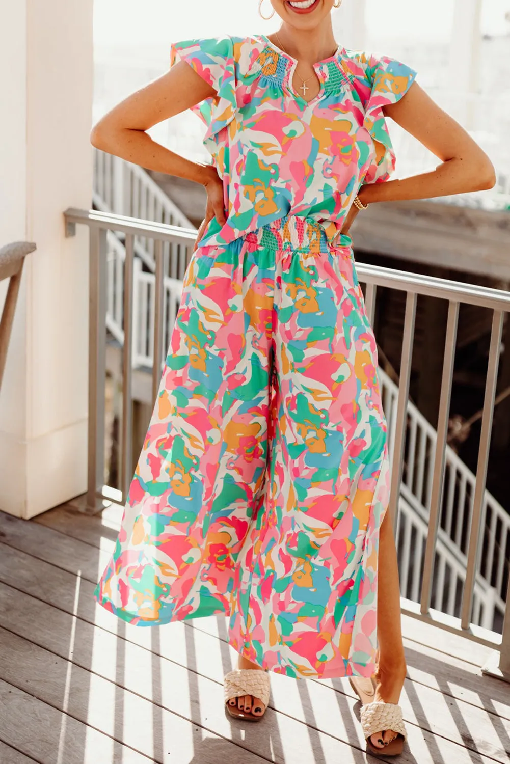 Pink Floral Ruffled Sleeve Top Smocked Wide Leg Pants Set