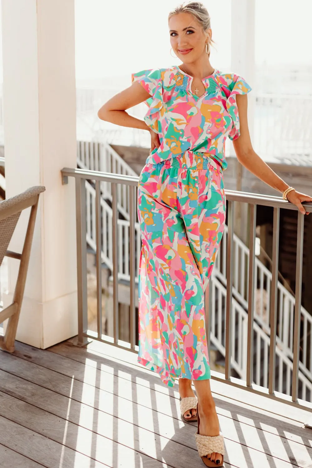 Pink Floral Ruffled Sleeve Top Smocked Wide Leg Pants Set