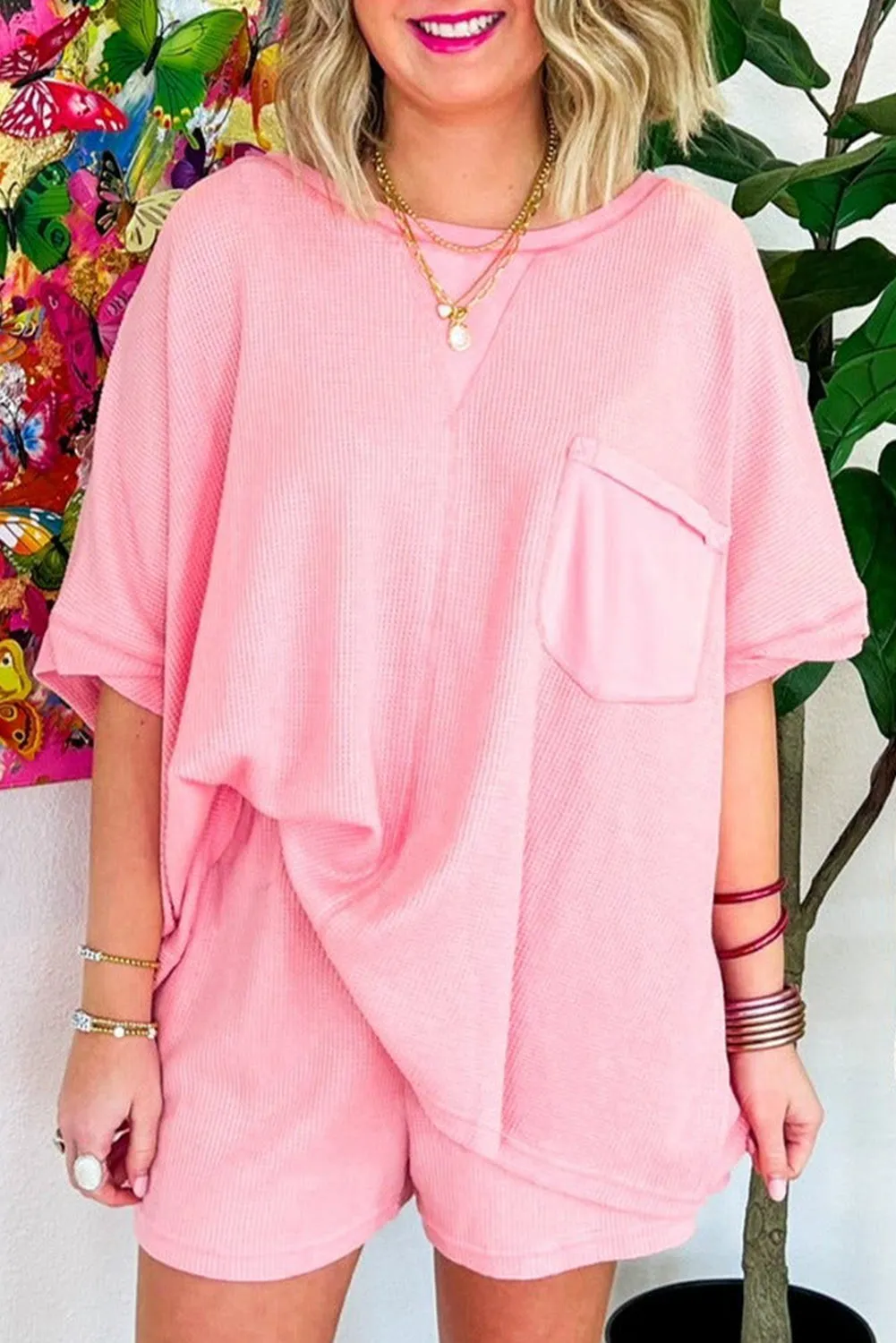 Pink Plus Ribbed Exposed Seam Tee and Shorts Set
