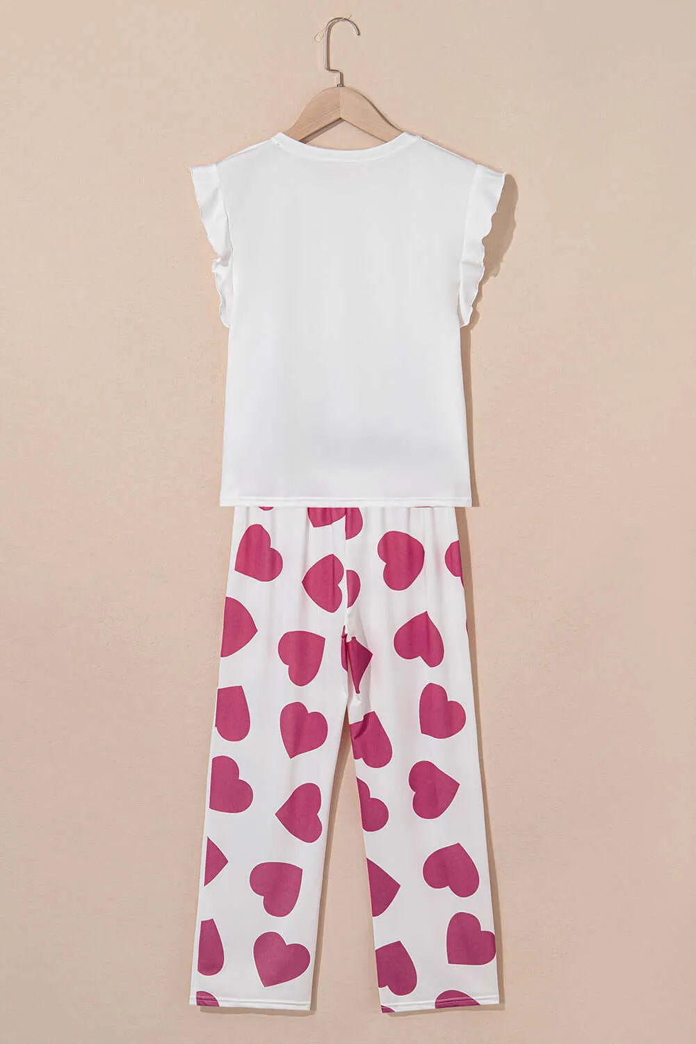 Pink Ruffled Tank Top And Heart Print Pants Lounge Set