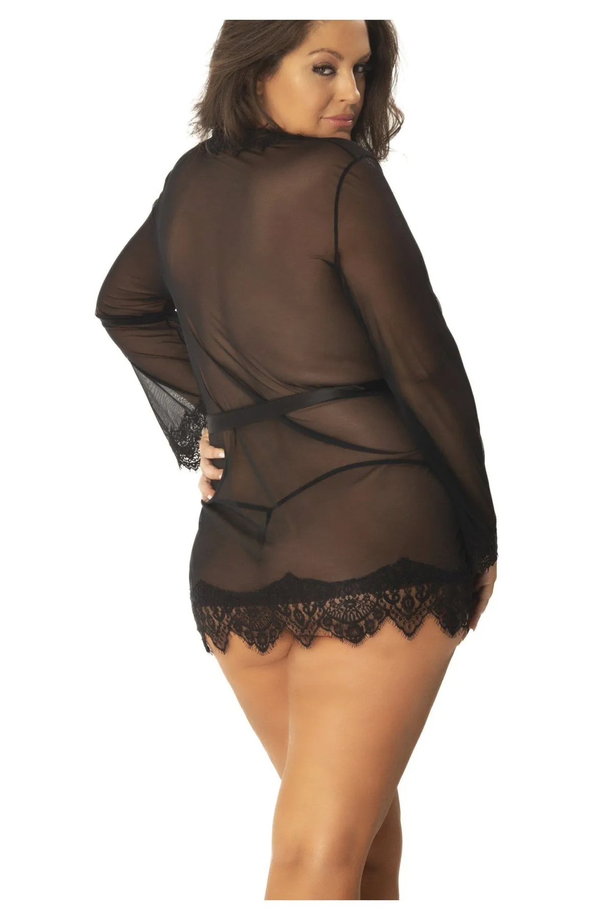 Plus Size Eyelash Lace Robe With Satin Sash   G-String