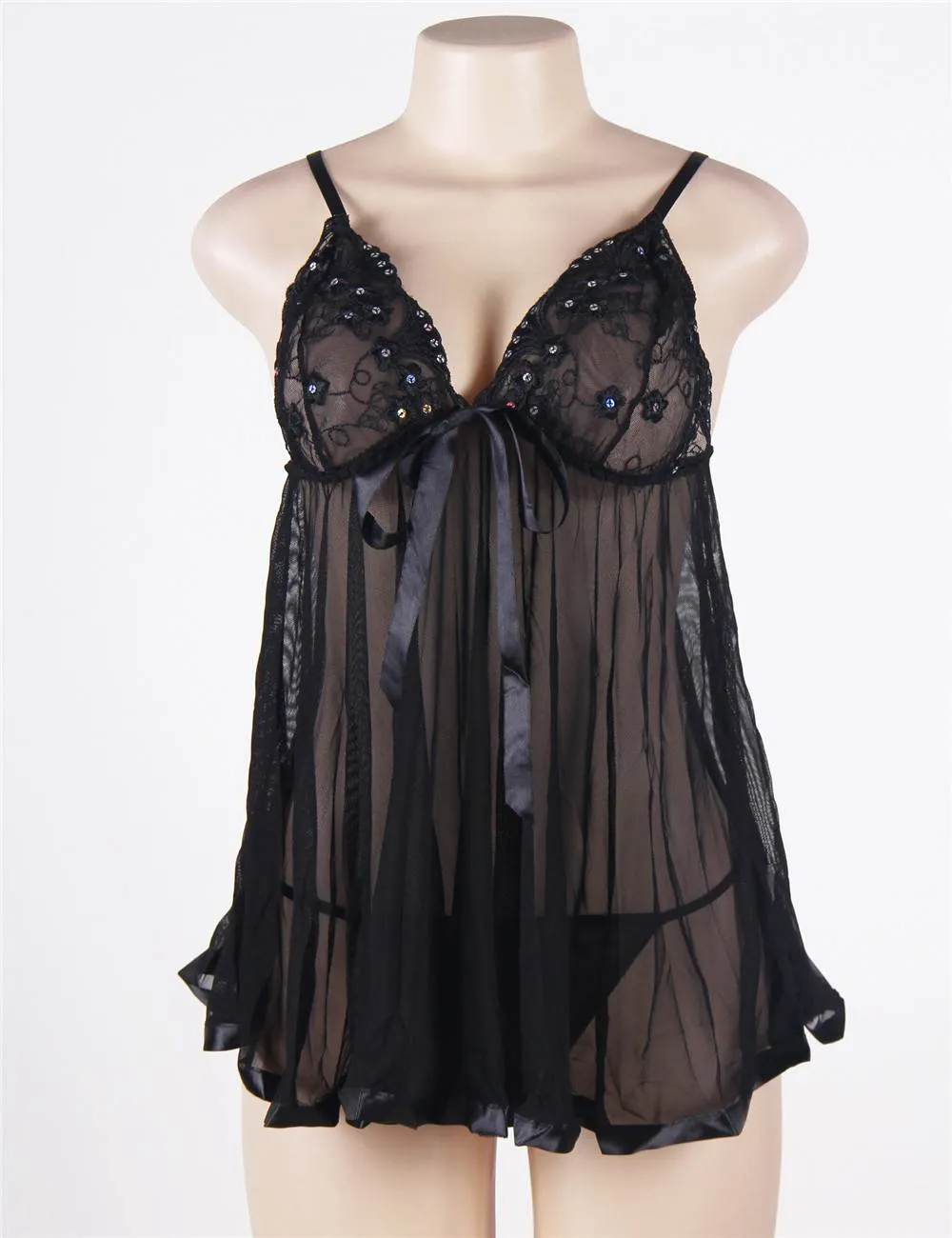 Plus Size Sexy Sheer Lace Open Back Babydoll Dress