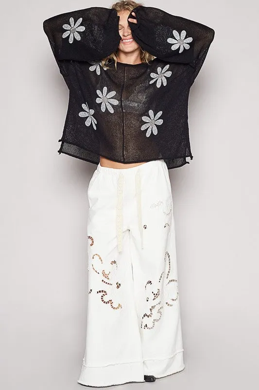 POL Flower Roll Edge Round Neck Drop Shoulder Knit Top