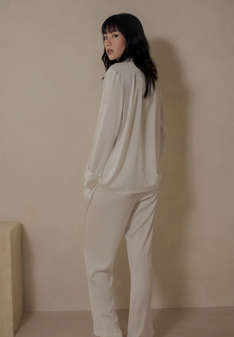 PORTER SATIN SILK LONG SLEEVE AND PANTS LOUNGEWEAR SET MILK